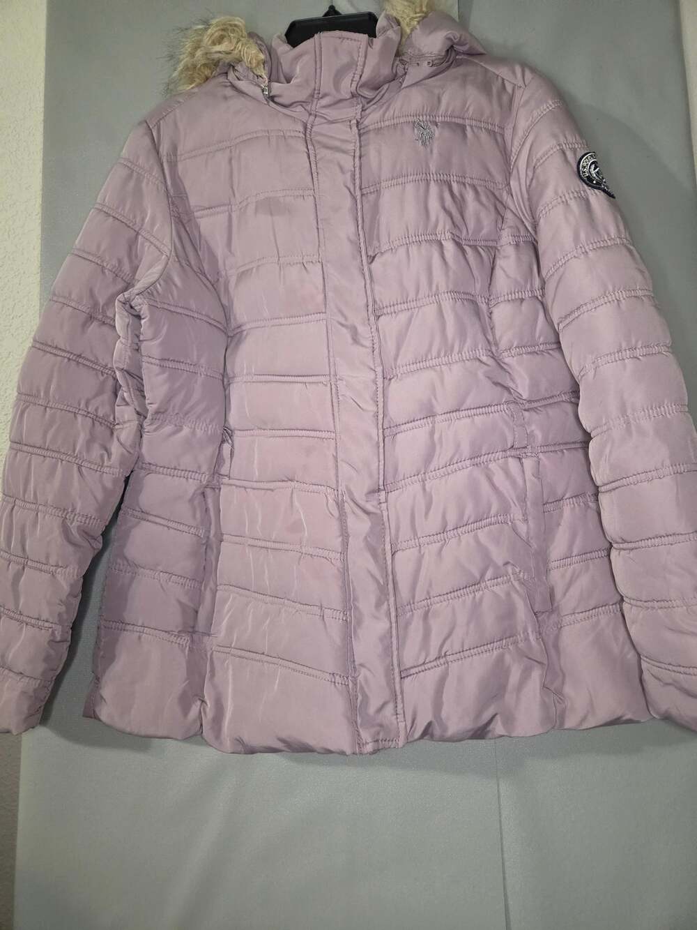 U.S. Polo Assn Womens Large Mauve Quilted Puffer Coat Faux Fur Hood 186